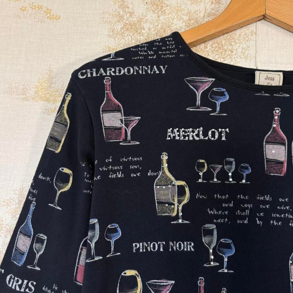 Vintage Y2K Wine Novelty Print Rhinestone 3/4 Length Sleeve Statement Top M